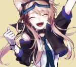  1girl :d animal_ears arknights bare_shoulders black_jacket blue_necktie brown_hair cardigan_(arknights) cheering closed_eyes cropped_jacket dog_ears dora_(user_jnfr7827) eyebrows_visible_through_hair gloves goggles goggles_on_head hands_up happy highres jacket multicolored_hair necktie open_mouth shirt sidelocks simple_background smile solo streaked_hair upper_body white_gloves white_shirt yellow_background 