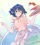  1girl absurdres apron areola_slip blue_hair bouncing_breasts breasts choker circle confetti cowboy_shot dotted_background dress fins green_background green_dress green_eyes grin head_fins highres holding holding_tray indis large_breasts looking_at_viewer maid_apron nipple_slip nipples one_eye_closed raised_eyebrow shrimp skewer smile solo topless_female touhou tray wakasagihime white_choker 