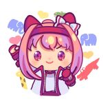  &gt;:) 1girl animal_ears arm_up bow buruma chibi closed_mouth commentary_request ear_bow fingerless_gloves flower-shaped_pupils gloves gym_shirt gym_uniform hair_intakes hairband hand_up haru_urara_(umamusume) heart highres horse_ears jacket long_sleeves looking_at_viewer moko39_takasora open_clothes open_jacket pink_hair ponytail purple_eyes red_buruma red_gloves red_hairband shirt sidelocks simple_background smile solo symbol-shaped_pupils umamusume v-shaped_eyebrows white_background white_bow white_jacket white_shirt 