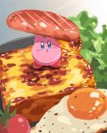  blush bread bread_slice egg food highres holding holding_food kirby kirby_(series) lettuce looking_at_viewer miclot no_humans on_food open_mouth shadow toast tomato 