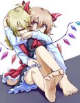  2girls arm_around_neck arm_up ascot bad_feet bangs bare_legs barefoot behind_another black_dress blonde_hair closed_eyes couple covered_mouth crystal dress eyebrows_visible_through_hair feet flandre_scarlet full_body hair_between_eyes hair_ribbon hand_on_another&#039;s_head hug hug_from_behind knee_up long_sleeves looking_at_another looking_to_the_side manekinekoppoi_inu medium_hair miniskirt multiple_girls one_side_up red_ascot red_eyes red_skirt red_vest ribbon rumia shirt short_dress skirt skirt_set soles toenails toes touhou vest white_shirt wings yuri 
