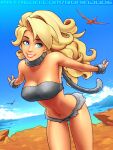  1girl aqua_eyes artist_name ayla_(chrono_trigger) bandeau bare_shoulders beach blonde_hair blue_background blue_sky breasts cameltoe caveman chrono_trigger cleavage cliff cloud commentary day english_commentary horizon lips long_hair looking_away medium_breasts midriff navel nose ocean outdoors reward_available ronindude sky smile solo stomach water web_address 