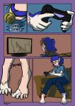 2016 4_toes 5_fingers 5_toes artist_name barefoot bell bell_collar blue_hair blue_markings blue_nose bottomwear claws close-up clothed clothed_human clothing collar colored comic controller denim denim_bottomwear denim_clothing digitigrade electronics english_text feet fingers fully_clothed fully_clothed_human fur fur_growth furniture gender_transformation growth hair halcy0n hi_res human human_to_anthro inside jeans mammal markings mid_transformation motion_lines mtf_transformation on_sofa onomatopoeia pants paw_growth paws pointy_ears r3n4_(rena777) rear_view red_eyes red_markings shaded shirt signature sitting sitting_on_sofa snout snout_growth sofa solo sound_effects species_transformation spread_legs spreading t-shirt television text three-quarter_view toes topwear transformation
