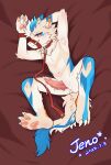 2_horns 3_toes 4_fingers anthro anus bed blush bodily_fluids collar cum cum_drip dragon dripping embarrassed erection feet fingers furniture genital_fluids genitals hair hands_above_head hi_res horn jeno520573 kemono leash leashed_collar lying male muzzle_(object) mythological_creature mythological_scalie mythology navel on_back on_bed pawpads penile_spines penis sackless scalie signature slim smile solo spread_legs spreading toes white_hair