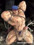  1boy 3d abs alternate_muscle_size armpit_hair armpits arms_behind_head artist_name bara blue_eyes blue_hair bound chain chained commission completely_nude cum cum_on_body cum_on_penis doosoo ejaculation erection fire_emblem fire_emblem:_radiant_dawn handsfree_ejaculation highres huge_pectorals huge_penis ike_(fire_emblem) kneeling male_focus male_pubic_hair muscular muscular_male nipples nude pectorals penis pubic_hair restrained short_hair solo testicles thick_thighs thighs twitter_username 
