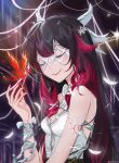  1girl absurdres black_hair blush bow breasts bug butterfly closed_eyes closed_mouth columbina_(genshin_impact) emmetspeed falling_feathers feathered_wings feathers genshin_impact hair_ornament highres long_hair medium_breasts multicolored_hair pink_hair red_butterfly red_nails ribbon very_long_hair white_bow wings wrist_ribbon 