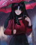  1girl artist_name bixclowart black_hair black_skirt blush breasts fate/stay_night fate_(series) green_eyes hair_ribbon highres holding holding_umbrella light_frown long_hair long_sleeves looking_at_viewer medium_breasts rain ribbon skirt solo tohsaka_rin twintails twirling_hair two_side_up umbrella 