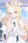  1girl :d animal_ear_fluff animal_ears armpits bare_shoulders blonde_hair blue_archive blurry blurry_background blush book bow bra bright_pupils character_print collarbone commentary content_rating cowboy_shot day detached_sleeves doodle_sensei_(blue_archive) double_bun dress embarrassed extra_ears eyelashes flying_sweatdrops forehead fox_ears fox_girl hair_bun halo highres holding holding_book indoors kurumi_lm long_hair looking_at_viewer multicolored_eyes navel nose_blush open_mouth panties parted_bangs pink_eyes seia_(blue_archive) sensei_(blue_archive) sidelocks signature sleeve_bow sleeveless sleeveless_dress sleeves_past_fingers sleeves_past_wrists smile solo sorry_for_being_sexy_yuni stomach straight_hair sweatdrop translated twitter_username two-tone_eyes underwear underwear_only very_long_hair white_bow white_dress white_pupils wide_sleeves window yellow_bow yellow_bra yellow_eyes yellow_halo yellow_panties 