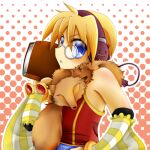  1boy animal_around_neck belt blonde_hair blue_belt blue_eyes book closed_mouth commentary_request detached_sleeves deviruchi fox frown headphones holding holding_book looking_at_viewer male_focus pink_background polka_dot polka_dot_background professor_(ragnarok_online) ragnarok_online red_shirt shirt short_hair sleeveless sleeveless_shirt solo striped_sleeves tomiya_airu upper_body white_sleeves yellow_sleeves 