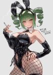  1girl absurdres animal_ears ap_cammy bare_shoulders black_gloves black_leotard black_pantyhose blush breasts cigarette cleavage closed_mouth clothing_cutout detached_collar drill_hair elbow_gloves fingerless_gloves fishnet_pantyhose fishnets gloves green_eyes green_hair grey_background highres holding holding_cigarette large_breasts latex leotard long_hair looking_at_viewer navel navel_cutout necktie nontraditional_playboy_bunny original pantyhose playboy_bunny rabbit_ears simple_background solo twin_drills twintails 