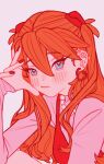 1girl arrow_earrings arrow_through_heart blue_eyes blush closed_mouth commentary dot_nose ear_piercing earrings english_commentary eyes_visible_through_hair hair_between_eyes hand_on_own_head head_on_hand heart heart-shaped_pupils heart_earrings interface_headset_(evangelion) jewelry kkbardd long_hair long_sleeves looking_at_viewer multiple_earrings nail_polish necklace neon_genesis_evangelion orange_hair pearl_necklace piercing pink_background pink_shirt portrait red_nails red_shirt shirt shirt_under_shirt simple_background sleeveless sleeveless_shirt solo souryuu_asuka_langley stud_earrings symbol-shaped_pupils two_side_up 
