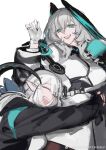  2girls :d absurdres aqua_eyes aqua_feathers aqua_wings arknights artist_name asymmetrical_sleeves belt belt_around_waist between_breasts black_belt black_coat black_feathers black_hood black_pantyhose black_scales black_sleeves black_tail black_wings breasts chinese_commentary clenched_hand closed_eyes coat cowboy_shot curvy doctor_(arknights) double-parted_bangs dress drooling eyebrows_hidden_by_hair fang fang_out fangs feathered_wings feathers female_doctor_(arknights) fingerless_gloves fingernails gloves gradient_feathers gradient_wings grey_hair hair_between_eyes hand_up head_tilt head_wings highres ho&#039;olheyak_(arknights) hood hooded_coat huangjin_shizi hug infection_monitor_(arknights) large_breasts long_coat long_fingernails long_hair long_sleeves looking_at_another looking_down low_ponytail mature_female medium_breasts medium_hair mismatched_sleeves mouth_drool multicolored_coat multicolored_wings multiple_girls nail_polish no_ears nose o-ring_strap open_clothes open_coat open_mouth pale_skin pantyhose pencil_dress pointy_ears ponytail raised_eyebrows saliva sharp_fingernails shirt short_dress sidelocks simple_background smile snake_girl snake_tail standing strap_between_breasts tail teeth thighs two-tone_coat two-tone_feathers two-tone_sleeves two-tone_wings unfinished upper_body upper_teeth_only very_long_tail waist_hug watermark wavy_hair weibo_username weibo_watermark white_background white_coat white_dress white_gloves white_hair white_nails white_shirt white_sleeves wings yuri 
