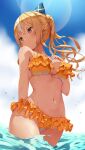  1girl arm_behind_back bikini bikini_skirt blonde_hair blurry blush bokeh bow breasts day depth_of_field hair_bow hand_on_own_chest highres hololive kinako_mocchi_mochi lens_flare long_hair looking_to_the_side medium_breasts multicolored_hair navel orange_bikini orange_eyes outdoors pointy_ears ponytail shiranui_flare smile solo streaked_hair swimsuit virtual_youtuber wading water white_hair 
