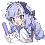  1girl ahoge back_cutout black_bow black_hairband blush bow clothing_cutout drill_hair from_side glowstick hair_bow hairband headband heart heart_in_mouth highres holding holding_glowstick ketsu_juuji_killer_(kejuki) long_hair long_sleeves looking_at_viewer open_mouth pointy_ears purple_hair red_eyes sidelocks simple_background solo surprised sweat upper_body vivian_banshee white_background yellow_headband zenless_zone_zero 