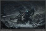  artist_name battle black_sky borrowed_character cloud cloudy_sky giant giant_monster highres jaeger_(pacific_rim) kaiju lighthouse lightning mecha mecha_focus monster no_humans original pacific_rim robot science_fiction signature sky storm vnc-children water web_address 