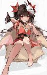  1girl barefoot bell black_choker black_sash box brown_hair butterfly-shaped_pupils cardboard_box choker criss-cross_halter dress finger_gun flower_tattoo fox_mask gloves halterneck hand_on_own_chin highres honkai:_star_rail honkai_(series) in_box in_container looking_at_viewer mark_under_both_eyes mask mask_on_head neck_bell parted_lips red_dress red_eyes red_nails red_sleeves sash simple_background single_glove smile solo sparkle_(honkai:_star_rail) symbol-shaped_pupils tattoo twintails white_background yuuli_(tuna221022) 