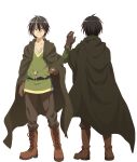  ahoge anime_coloring arm_up back black_eyes black_hair boots brown_boots brown_gloves clenched_hand cloak closed_mouth collarbone full_body gloves green_cloak green_shirt haruka_(hitoribocchi_no_isekai_kouryaku) highres hitoribocchi_no_isekai_kouryaku jewelry looking_at_viewer multiple_views nakano_keiya open_hand ring shirt short_hair smile solo standing v-shaped_eyebrows 