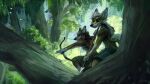  16:9 2020 anthro arrow biped bottomwear bow_(weapon) brown_body brown_fur canid canine clothed clothing detailed_background duo ear_piercing forest fur hi_res holding_bow holding_object holding_spear holding_weapon jacato male mammal melee_weapon piercing plant polearm ranged_weapon spear topless tree weapon widescreen 