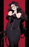  1girl 333_(dqqqdle) bare_shoulders black_border black_dress black_gloves black_hair black_lips border breasts chest_tattoo cleavage dress elbow_gloves fullmetal_alchemist gloves large_breasts lipstick long_hair looking_at_viewer lust_(fma) makeup ouroboros red_background red_eyes red_lips simple_background smile solo tattoo very_long_fingernails wavy_hair 