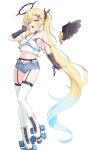  1girl bare_shoulders black_arm_warmers black_wings blonde_hair blue_shorts boots daran9 denim denim_shorts detached_wings feathered_wings floating_hair full_body halo highres long_hair looking_at_viewer navel original pointy_ears short_shorts shorts simple_background solo standing stomach teeth thighhighs twintails unbuttoned upper_teeth_only white_background white_boots white_thighhighs wings 