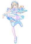  1girl :d absurdres animal-themed_food apron ascot asymmetrical_legwear blonde_hair blue_bow blue_eyes blue_garter_straps blue_hair blue_thighhighs blunt_bangs blush bow bow_legwear bowtie cat_hair_ornament colored_shoe_soles colored_tips cross-laced_clothes cross-laced_dress dress food frilled_apron frilled_dress frilled_thighhighs frilled_wrist_cuffs frills fruit full_body garter_straps gingham_bow hair_ornament hair_ribbon highres holding holding_tray ice_cream long_hair looking_at_viewer maid maid_headdress mary_janes mismatched_legwear mismatched_thighhighs multicolored_hair napkin open_hand orange_(fruit) orange_slice original outstretched_arm parfait peter_pan_collar petticoat pinafore_dress pink_bow pink_dress pink_thighhighs puffy_short_sleeves puffy_sleeves purple_ascot purple_bow purple_bowtie purple_ribbon purple_shoes ribbon sarasakuna shirt shoes short_dress short_sleeves simple_background sleeveless sleeveless_dress smile solo spoon sprinkles standing standing_on_one_leg strawberry streaked_hair thighhighs tiptoes tray twintails waist_apron waist_bow whipped_cream white_apron white_background white_shirt white_wrist_cuffs wrist_cuffs yume_kawaii 