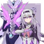  1girl absurdres black_hairband black_jacket black_ribbon castorice_(honkai:_star_rail) commentary cosplay dress firefly_(honkai:_star_rail) firefly_(honkai:_star_rail)_(cosplay) grey_hair hair_ribbon hairband highres holding honkai:_star_rail honkai_(series) jacket long_sleeves looking_at_viewer pointy_ears purple_eyes rafxeed ribbon sam_(honkai:_star_rail) upper_body white_dress 