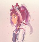  1girl animal_ears blush bow breasts commentary ear_bow flower-shaped_pupils from_side gym_shirt hairband haru_urara_(umamusume) highres horse_ears jacket long_hair moko39_takasora open_clothes open_jacket parted_lips petals ponytail profile purple_eyes red_hairband shirt small_breasts solo symbol-shaped_pupils umamusume upper_body white_bow white_jacket white_shirt 