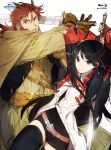  1boy 1girl angeline_(s-rank_musume) arms_up beard belgrieve_(s-rank_musume) belt black_hair black_thighhighs boukensha_ni_naritai_to_miyako_ni_deteitta_musume_ga_s_rank_ni_natteta brown_gloves cloak copyright_name cowboy_shot facial_hair fingerless_gloves gloves highres holding holding_sword holding_weapon logo long_hair low_twintails mature_male ponytail red_eyes red_facial_hair red_hair short_shorts shorts straight_hair sword thick_beard thick_eyebrows thighhighs toi8 twintails weapon wrinkled_skin 