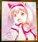  1girl :d animal_ears blush bow commentary_request ear_bow flower-shaped_pupils gym_shirt hair_between_eyes hair_intakes hairband haru_urara_(umamusume) highres horse_ears jacket long_hair moko39_takasora open_clothes open_jacket photo_(medium) pink_hair ponytail red_eyes red_hairband shirt signature smile solo symbol-shaped_pupils traditional_media umamusume upper_body white_bow white_jacket white_shirt 