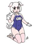  1girl acesrulez adapted_costume animal_ears bare_shoulders blue_swimsuit blush collarbone commentary_request eyebrows_visible_through_hair gloves grey_eyes kemono_friends kneeling name_tag one-piece_swimsuit pig_(kemono_friends) pig_ears pig_girl pig_nose pig_tail pink_hair pink_legwear school_swimsuit short_hair sleeveless solo swimsuit tail thighhighs translated white_gloves zettai_ryouiki 