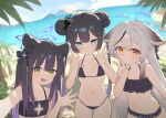  3girls animal_ear_fluff animal_ears ass_visible_through_thighs beach bikini biluoyao black_bikini black_hair blue_archive blue_eyes blue_halo blush breasts butterfly_hair_ornament chinese_commentary cleavage_cutout closed_mouth clothing_cutout commentary_request cowboy_shot day double_bun double_w frilled_bikini frills green_eyes grey_hair hair_bun hair_ornament halo hands_up highleg highleg_bikini highres kisaki_(blue_archive) kokona_(blue_archive) long_hair looking_at_viewer multicolored_hair multiple_girls navel ocean open_mouth orange_eyes outdoors palm_tree purple_halo shun_(blue_archive) shun_(small)_(blue_archive) small_breasts smile streaked_hair string_bikini swimsuit tiger_ears tiger_girl tree twintails v very_long_hair w waving yellow_halo 