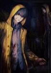  2boys absurdres adachi_tooru black_eyes black_hair black_pants blood blood_on_axe blood_on_clothes blood_on_face blood_on_hands blood_on_wall blood_on_weapon blood_splatter bush cable chinese_commentary closed_mouth coat collared_shirt commentary grey_eyes grey_hair highres holding holding_sword holding_weapon hood hood_up houndstooth katana looking_down male_focus multiple_boys narukami_yu necktie open_clothes open_coat pants parted_lips persona persona_4 persona_4_the_golden railing raincoat red_necktie reverse_grip shirt short_hair spoilers sword untucked_shirt weapon white_shirt xinjinjumin827309438066 yellow_raincoat 