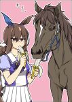  1girl admire_vega_(racehorse) admire_vega_(umamusume) animal_ears back_bow bag black_border border bow bowtie bridle brown_eyes brown_hair collarbone commentary cowboy_shot creature_and_personification ear_covers ear_ornament eating eyes_visible_through_hair feeding feeding_animal hair_between_eyes highres holding holding_bag horse horse_ears horse_girl horse_tail long_hair low_ponytail motion_lines outside_border personification pink_background pleated_skirt ponytail puffy_short_sleeves puffy_sleeves purple_bow purple_bowtie purple_shirt real_life sailor_collar sailor_shirt school_uniform shirt short_sleeves simple_background single_ear_cover skirt summer_uniform tail tracen_school_uniform umamusume wahiko_(black_bastard) white_bow white_sailor_collar white_skirt 