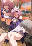  1boy 1girl absurdres autumn_leaves blue_eyes blue_sky blush caelus_(honkai:_star_rail) clothes_lift coat commentary_request cyrene_(honkai:_star_rail) dress dress_lift grey_hair hair_ornament highres honkai:_star_rail honkai_(series) jewelry leaf medium_hair multicolored_hair necklace on_swing open_mouth outdoors panties pink_hair purple_coat saki_(remainaddd) sky smile swing textless_version thighs trailblazer_(honkai:_star_rail) two-tone_hair underwear white_dress white_hair white_panties 