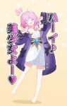  1girl barefoot breasts closed_eyes coat commentary_request cyrene_(honkai:_star_rail) dress feet grey_background hair_ornament highres honkai:_star_rail honkai_(series) medium_hair multicolored_hair nekooka_mayuri pink_hair pointing pointing_at_self purple_coat small_breasts smile solo translation_request two-tone_hair white_dress white_hair 