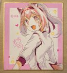  1girl :d animal_ears blush bow commentary_request ear_bow flower-shaped_pupils from_side hairband haru_urara_(umamusume) highres horse_ears horse_girl horse_tail jacket long_hair long_sleeves moko39_takasora photo_(medium) pink_hair ponytail red_eyes red_hairband shikishi sidelocks signature smile solo symbol-shaped_pupils tail traditional_media umamusume white_bow white_jacket 