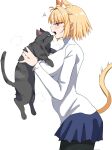  1girl ahoge alternate_breast_size animal animal_ear_fluff animal_ears arcueid_brunestud black_cat black_pantyhose blonde_hair blue_eyes blue_skirt blush breasts cat cat_ears cat_girl cat_tail curvy from_side glasses highres holding holding_animal holding_cat large_breasts maz_515 pantyhose red_eyes short_hair skirt sweater tail tsukihime tsukihime_(remake) white_background 