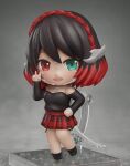  1girl aqua_eyes black_footwear black_hair blush borrowed_character chibi commission eyebrows full_body hand_on_hip heterochromia highres looking_at_viewer multicolored_hair nendoroid open_mouth original red_eyes red_hair red_skirt shiori2525 short_hair skirt smile solo v 