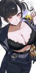  1girl absurdres artist_name black_bra black_choker black_hair blush bra breasts choker cleavage closed_mouth collarbone contraband english_text goddess_of_victory:_nikke heart heart-shaped_pupils highres ichigo_choco46 jacket jewelry large_breasts long_hair looking_at_viewer open_clothes open_jacket presenting_bra red_eyes simple_background skirt smile solo sora_(nikke) symbol-shaped_pupils twintails twirling_hair twitter_username underwear watermark white_background 