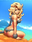  1girl aqua_eyes artist_name ass ayla_(chrono_trigger) bare_shoulders blonde_hair blue_background blue_sky breasts butt_crack caveman chrono_trigger cloud cloudy_sky commentary covered_nipples day english_commentary grin horizon lips long_hair looking_at_viewer looking_back medium_breasts nose ocean outdoors reward_available ronindude sitting sky smile solo water web_address 
