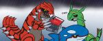 ambiguous_gender annoyed anthro asking_to_stop blue_body blue_skin expressive fur generation_3_pokemon green_body green_fur groudon group happy hi_res ign kyogre legendary_pokemon meme nintendo pokemon pokemon_(species) raining rakkuguy rayquaza red_body red_scales scales screencap tired_of_this_shit too_much_water_(meme) toony_expression trio