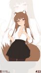  1girl absurdres animal_ear_fluff animal_ears artist_name black_pantyhose black_skirt blunt_bangs blush breasts brown_hair closed_mouth collared_shirt embarrassed eyebrows_hidden_by_hair eyes_visible_through_hair high-waist_skirt highres holding_own_tail holo likunea lipstick long_hair looking_at_viewer makeup medium_breasts no_bra open_mouth pantyhose patreon_logo patreon_username pink_lips red_eyes shirt skirt solo spice_and_wolf standing tail twitter_username twitter_x_logo very_long_hair white_background white_shirt wolf_ears wolf_girl wolf_tail 