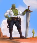 absurd_res black_bottomwear black_clothing black_pants blue_sky body_hair boots bottomwear brown_boots brown_clothing brown_footwear cactus chest_hair clothed clothing cloud edvardiko footwear front_view full-length_portrait green_body green_skin gun hair hi_res humanoid humanoid_pointy_ears looking_at_viewer male male_humanoid melee_weapon mouth_closed open_clothing open_topwear ork outside pants pecs plant pointy_ears portrait ranged_weapon shoes short_hair sky solo standing sword topwear weapon white_clothing white_hair white_topwear