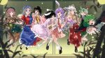  &gt;_&lt; 6+girls :d absurdres animal_ears antennae apron bamboo bird_ears black_cape black_hair black_shoes blue_apron blue_dress blue_eyes blue_hat boots bow braid braided_ponytail brown_boots brown_eyes brown_kimono buttons cape carrot_necklace constellation_print dress ex-keine feathered_wings fireflies floating floppy_ears fujiwara_no_mokou grabbing_another&#039;s_arm green_background green_dress green_eyes green_hair green_shoes grey_hair grey_shirt gun hat heart heart_in_mouth highres holding holding_gun holding_hands holding_tray holding_weapon horns houraisan_kaguya imperishable_night inaba_tewi indis japanese_clothes jewelry jumping kamishirasawa_keine kimono knees long_hair lunatic_gun motion_blur multicolored_hair multiple_girls mystia_lorelei necklace necktie ofuda ofuda_on_clothes okamisty one_eye_closed pants pink_dress pink_hair pink_skirt plate pointing pointing_at_viewer purple_hair rabbit_ears red_bow red_dress red_eyes red_necktie red_pants red_suspenders reisen_udongein_inaba shirt shoes short_hair skewer skirt slippers smile socks touhou tray two-tone_dress two-tone_hair weapon white_cross white_hair white_shirt white_socks wings wriggle_nightbug yagokoro_eirin yellow_bow 