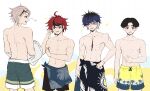  4boys absurdres ahoge aotsuki_eito black_hair black_streaks blue_eyes blue_hair brown_hair clothes_around_waist commentary earrings eye_print eyepatch face_piercing glasses grid_background highres jewelry labret_piercing looking_at_another looking_down male_focus male_swimwear maruko_gaku max_art149 multicolored_hair multiple_boys no_shirt omokage_yugamu piercing print_eyepatch red_eyes red_hair scar scar_on_arm short_hair smile stitched_torso stitches streaked_hair sumino_takumi sweat swim_trunks symbol-only_commentary the_hundred_line_-last_defense_academy- unfinished wink_heart 