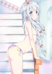  1girl arched_back arm_support ass bikini blue_eyes blush bokoboko bow breasts closed_mouth commentary_request eromanga_sensei from_side grey_hair hair_bow highres indoors izumi_sagiri ladder leaning_forward long_hair looking_at_viewer low-tied_long_hair multiple_hair_bows pink_bikini red_bow side-tie_bikini_bottom small_breasts solo standing string_bikini sweat swimsuit thighs 