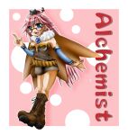  1girl 2000s_(style) alchemist_(ragnarok_online) animal_on_head belt black_cat blue_eyes blue_sleeves boots brown_belt brown_boots brown_cape brown_dress cape cat cat_on_head character_name commentary_request detached_sleeves dress full_body fur_collar glasses index_finger_raised long_hair looking_at_viewer on_head open_mouth pink_background pink_hair ragnarok_online red-framed_eyewear short_dress smile solo strapless strapless_dress tomiya_airu 