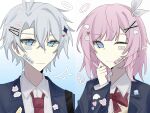  1girl ;d absurdres ahoge alternate_costume blue_eyes blue_vest character_name cyrene_(honkai:_star_rail) gradient_background hair_ornament highres honkai:_star_rail honkai_(series) jiusi56813 medium_hair necktie one_eye_closed phainon_(honkai:_star_rail) pink_hair pointy_ears red_necktie shirt short_hair smile sticker_on_face upper_body vest white_hair white_shirt 