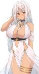  1girl azur_lane blush body_markings breasts choker cleavage dark-skinned_female dark_skin dress facial_mark forehead_mark highres jewelry large_breasts long_hair looking_at_viewer massachusetts_(azur_lane) massachusetts_(dressed_to_impress)_(azur_lane) mikuchi3939 parted_lips red_eyes simple_background solo thighlet thighs white_background white_dress white_hair 