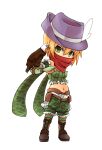  1girl animal_on_arm bandana belt bird bird_on_arm blonde_hair boots brown_belt brown_boots camouflage camouflage_scarf camouflage_shorts chibi chibi_only commentary_request eagle elbow_gloves fedora fingerless_gloves full_body gloves green_eyes green_gloves green_scarf green_shorts green_thighhighs green_tube_top hat highres looking_at_viewer midriff navel purple_hat ragnarok_online ranger_(ragnarok_online) red_bandana scarf shorts simple_background solo strapless thighhighs tomiya_airu tube_top white_background 